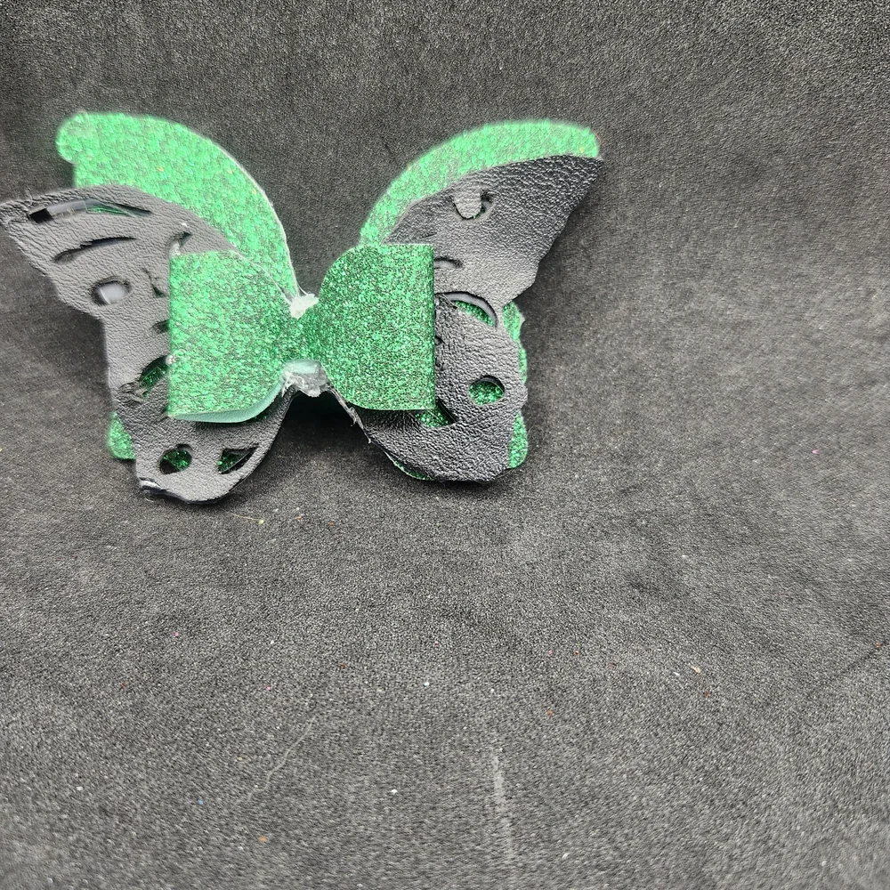 Hand Crafted Green and Black Butterfly Hair Bow Barette Clip Faux Leather